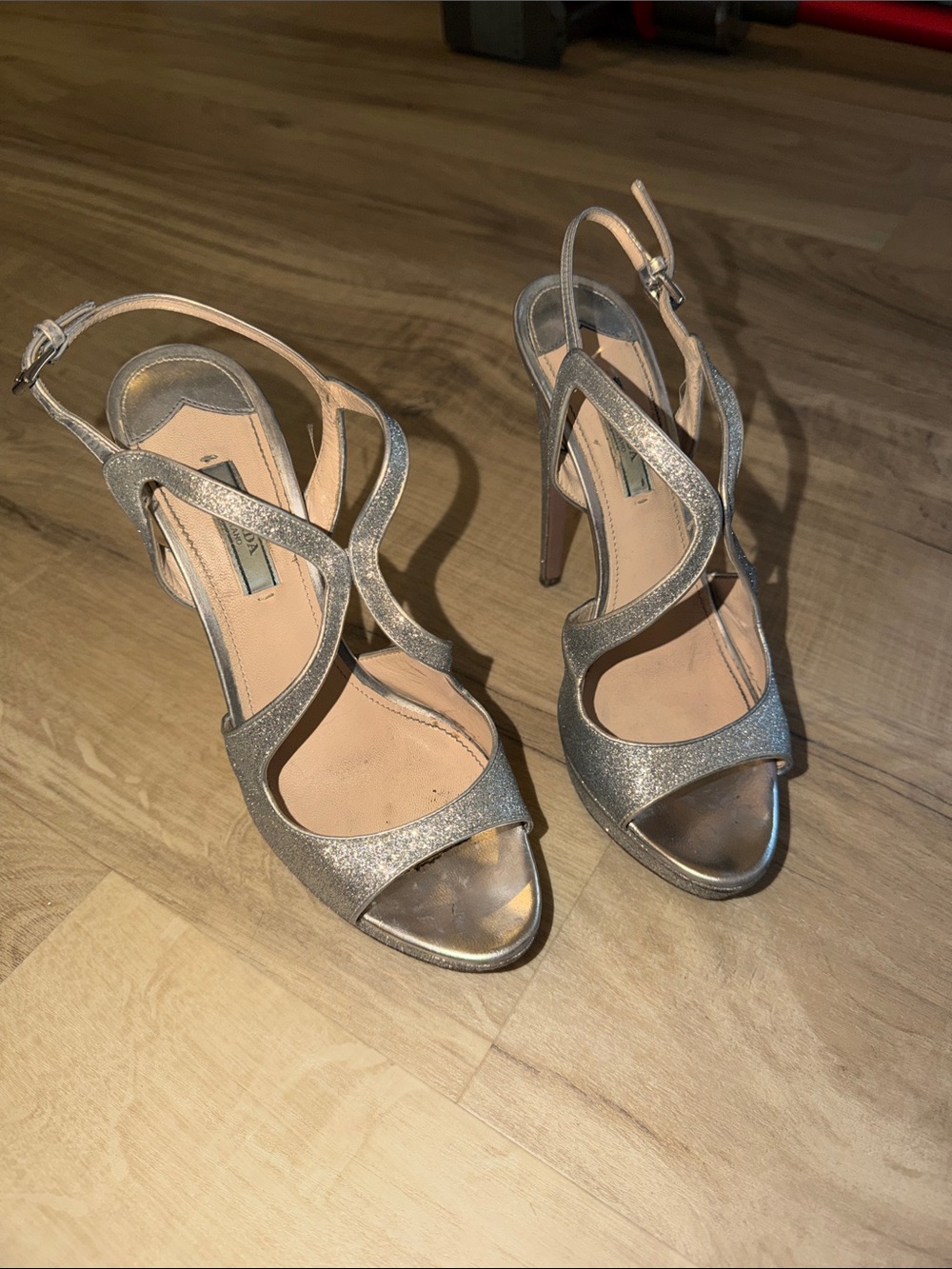 Prada Silver Glitter Strappy High Heel Sandals